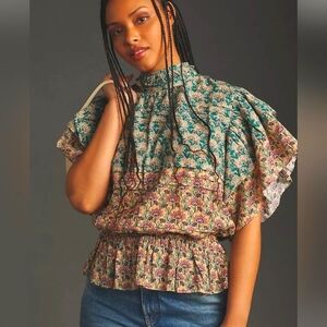 ANTHROPOLOGIE Let Me Be High-Neck Printed Peasant Blouse. Teal/mauve. XXS NWT